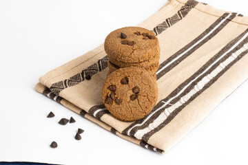 Chocolate chips cookies on white background
