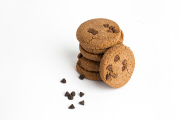Chocolate chips cookies on white background