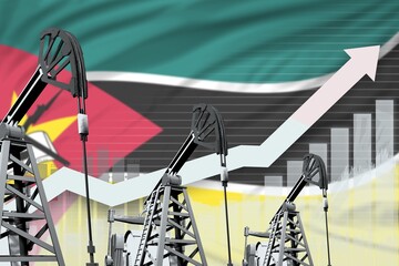 rising up chart on Mozambique flag background - industrial illustration of Mozambique oil industry or market concept. 3D Illustration