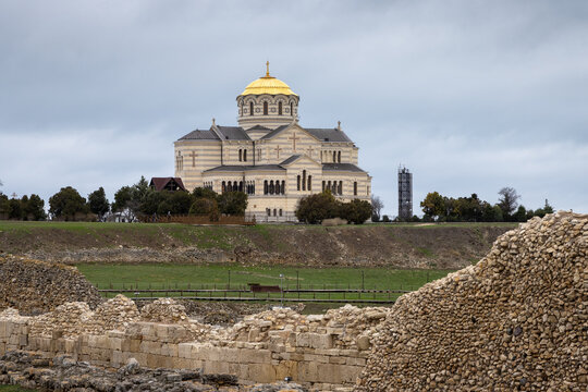 Chersonesus Cathedral (Saint Vladimir Cathedral). View of a large stone Orthodox church on the territory of the ancient city of Chersonesus. Landmark of the Crimean peninsula. Sevastopol, Crimea.