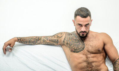 Brutal man, handsome serious guy male model.