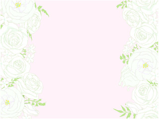 薔薇とトルコキキョウとジャスミンのフレーム③左右_ピンク色背景