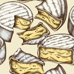 Cheese seamless pattern background design. Engraved style. Hand drawn brie.