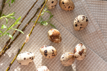 Quail eggs and a green willow branch are on a linen napkin, on a gray and wooden table.