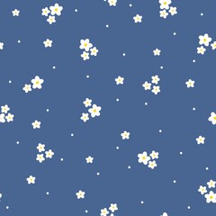 Fototapeta na wymiar Seamless vintage pattern. small white flowers and dots. blue background. vector texture. fashionable print for textiles, wallpaper and packaging.
