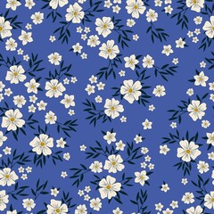 Seamless vintage pattern. White flowers . dark blue  leaves. Blue background. vector texture. fashionable print for textiles, wallpaper and packaging.
