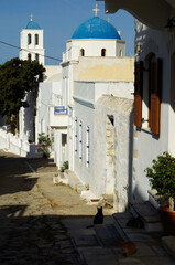 Picturesque view over port town with blue domes, roofs and churches in travel and honeymoon...