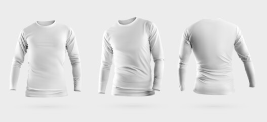 White sweatshirt mockup 3D rendering, male longsleeve, isolated on background, front, back. Set