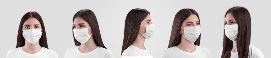Mockup of a white surgical mask on a nurse, isolated on background. Set