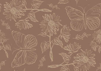 Obraz premium Seamless pattern with flowers and butterfly