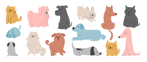 Set of cute dogs vector. Lovely dog and friendly puppy doodle pattern in different poses and breeds with flat color. Adorable funny pet and many characters hand drawn collection on white background.