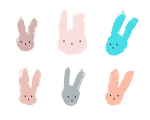 Grunge brush bunny set for easter decoration. Hand drawn rabbit head