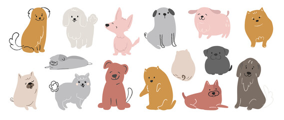 Set of cute dogs vector. Lovely dog and friendly puppy doodle pattern in different poses and breeds with flat color. Adorable funny pet and many characters hand drawn collection on white background.