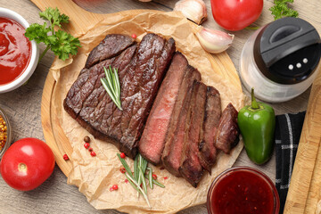 Concept of tasty food with beef steak, top view