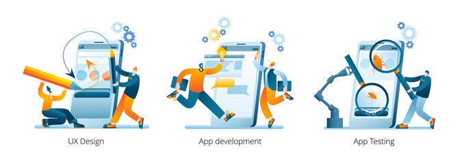 The development team is creating a mobile application. A set of vector illustrations on the development and testing of mobile applications.