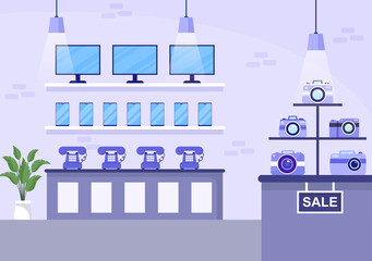 Electronics Store that Sells Computers, TV, Cellphones and Buying Home Appliance Product in Flat Background Illustration for Poster or Banner