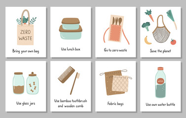 A set of posters of the Zero Waste concept. Hand-drawn reusable goods and phrases. Vector illustration