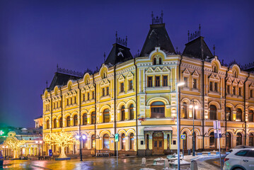 Fototapeta na wymiar Profitable Tretyakov House on Kuznetsky Most in Moscow in the light of night lights