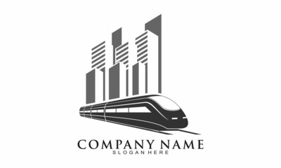 Fast train and city building vector logo