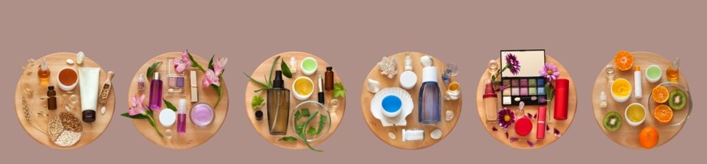 Banner flat lay with different types of natural anti-aging cosmetics: with cereal extracts, with...