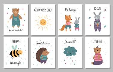 Cute baby posters. Funny animals in clothes, smiling sun, cloud, bee. Nursery cards and handwritten phrases. Vector illustration in cartoon style