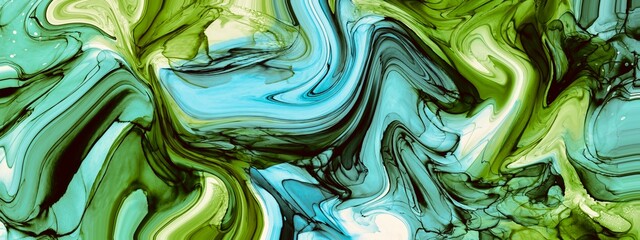 Abstract alcohol ink background with watercolour brush stroke, green marble, creative hand painted art, wallpaper for print