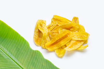 Banana slice chips on white background