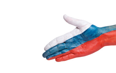 Human hand painted in national colors flag Russian Federation white background.Give a hand and say hello, greeting good intentions.
