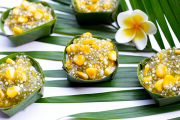 Thai dessert coconut pudding with tapioca pearl or sago and corn