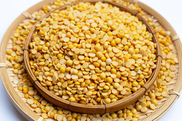 Peeled split soy beans on bamboo plate