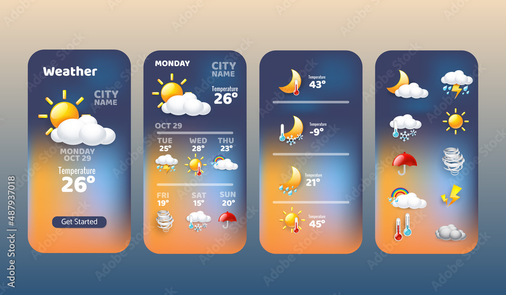 Wall mural weather forecast widget collection icon mobile application program with rain cloud sun snowing windy