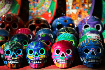 Traditional Mexican souvenirs. Multi-colored ceramic decorative skull.