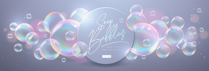 Abstract background with realistic soap bubbles. Bubbles with rainbow reflection. Vector illustration