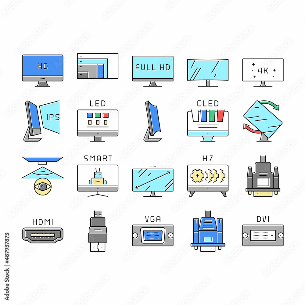 Poster computer pc monitor collection icons set vector .
