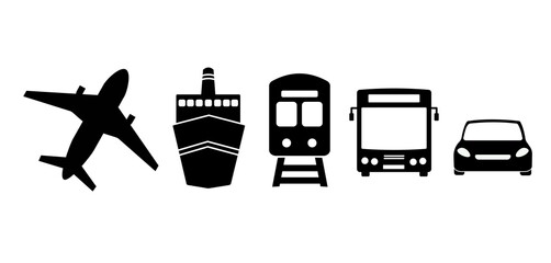 Transportation icon set. Taxi car, airplane, public bus, train, ship and auto signs. Transport black silhouette collection. Travel concept. Vector isolated on white