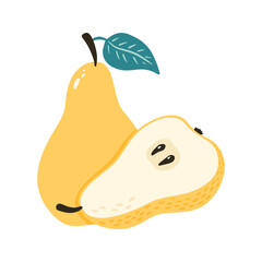 Sweet Ripe Pear with Leaf isolated vector illustration. Cartoon style. One whole fruit and a half with seeds