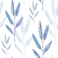 Fotobehang Blauw wit Laat naadloos aquarelpatroon achter. Handgeschilderde bladeren van verschillende kleuren op een witte achtergrond. Bladeren voor ontwerp.