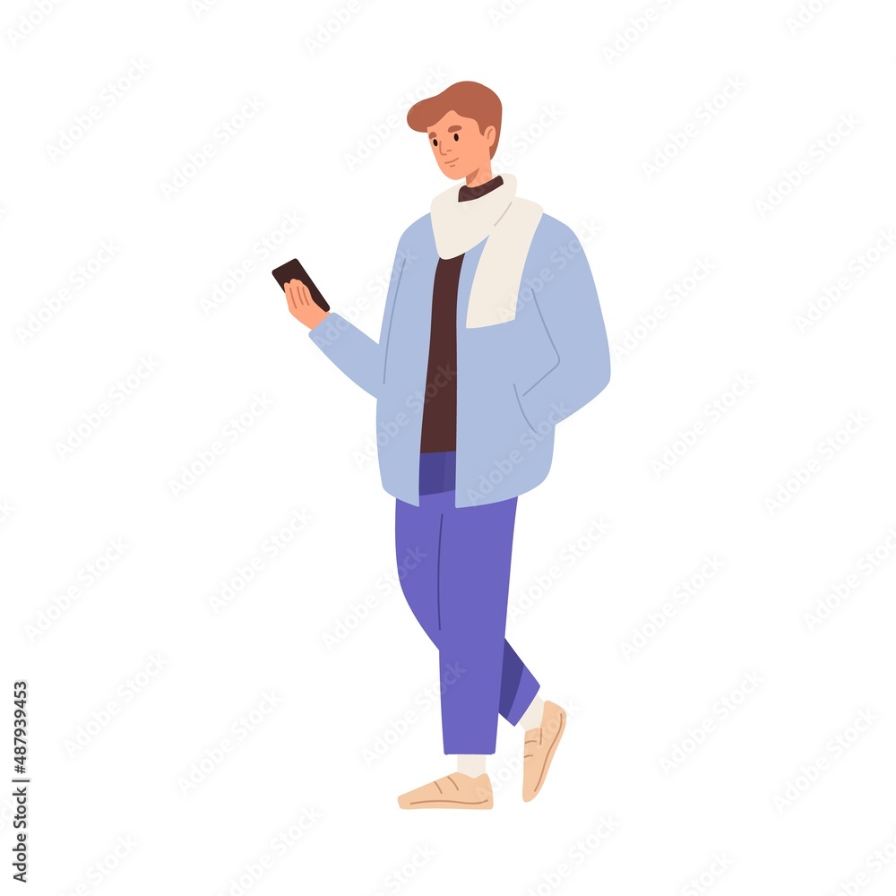 Poster young man using mobile phone on go. person walking with smartphone in hand outdoors. guy strolling a