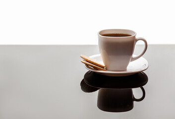 Coffee  Cup. Cup of Coffee on  glossy black surface. Black and White.