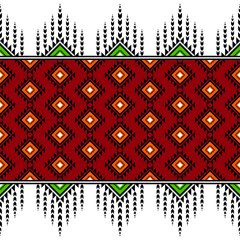 Orange Green Geometric on red ethnic oriental pattern traditional Design for background,carpet,wallpaper,clothing,wrapping,Batik,fabric, illustration embroidery style - 487939495