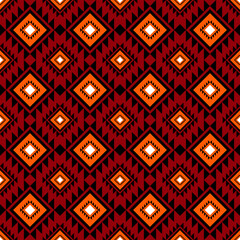 Orange Geometric on red ethnic oriental pattern traditional Design for background,carpet,wallpaper,clothing,wrapping,Batik,fabric, illustration embroidery style - 487939497