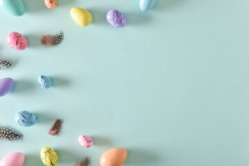 Easter postcard with bed-colored eggs with a copy of the place for the text.