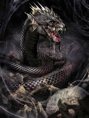 A creepy black mutant snake with six red eyes, a slobbery, disgusting mouth with a hundred sharp curved fangs, it crawls along a dark tunnel strewn with bones and splattered with slime. 2d art  - obrazy, fototapety, plakaty