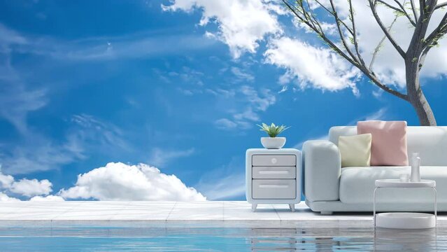 Blue Sofa with yellow and pink pillow in front blue sky, with plant beside it. Side light shadows the trees. Space for banner and logo background. Animation water and sky are moving. 3d Render.
