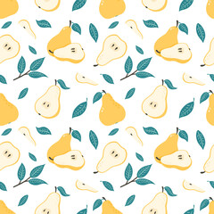 Sweet Pears Seamless Pattern. Half, Slice and Whole Juicy Fruits Repetetiev Background. Hand Drawn fruit ornament for wallpaper, wrapping paper, menu, textile, food package design and decoration