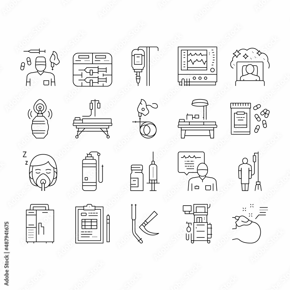 Poster anesthesiologist tool collection icons set vector .