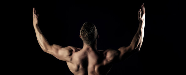 Bodybuilder man show biceps, triceps with raised hands, back. Banner templates with muscular man, muscular torso, six pack abs muscle. - obrazy, fototapety, plakaty