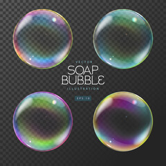 Set of realistic  soap colorful bubbles on transparent background. Vector illustration