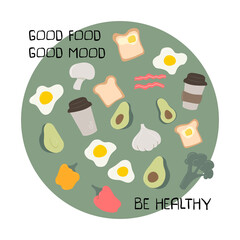 Set of cute healthy breakfast vector food. Card with text