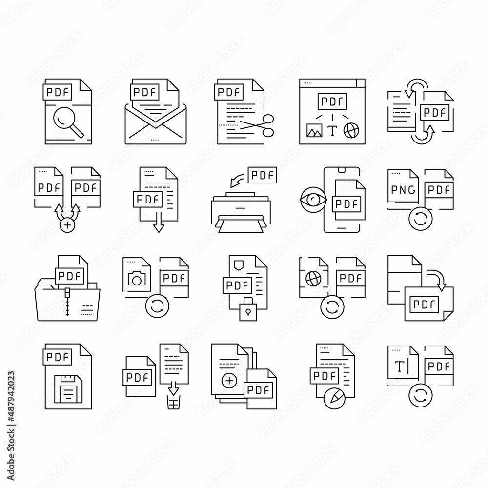 Poster pdf electronic file collection icons set vector .